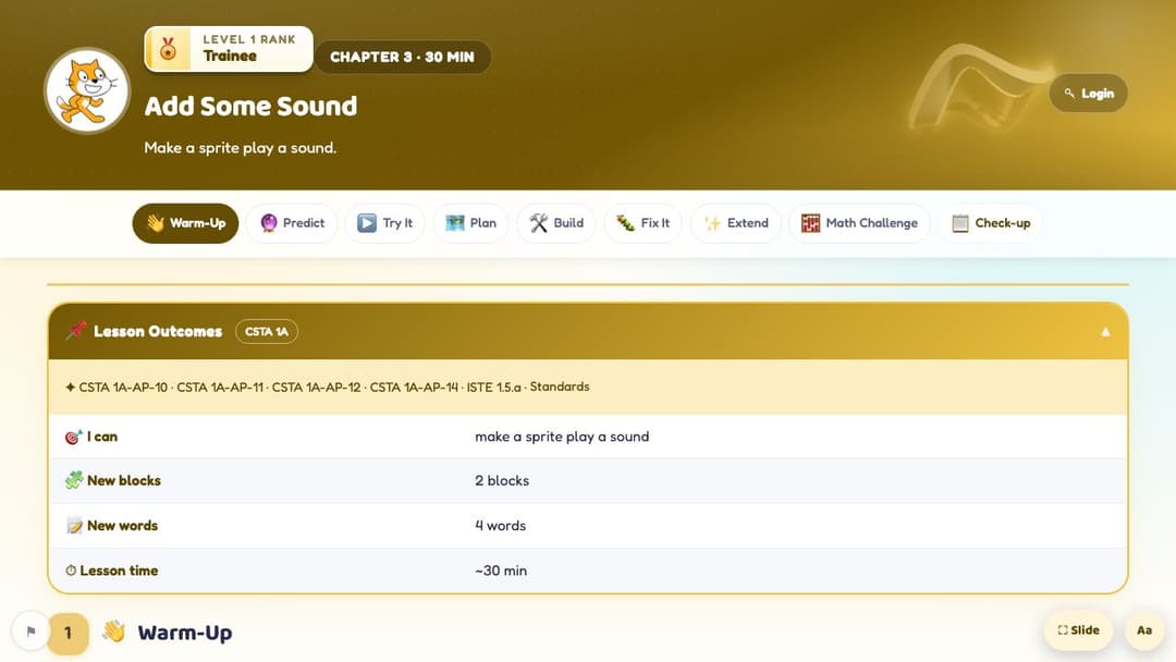 A Scratch lesson, chapter 3 “Add Some Sound”, open on the classroom screen
